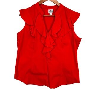 Worthington Petite Stretch Red Sleeveless Blouse Ruffled Neckline Size Zip PXL